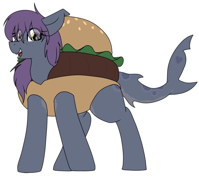 Size: 2500x2227 | Tagged: safe, artist:codras, derpibooru import, oc, oc:spring tide, unofficial characters only, original species, pony, shark, shark pony, borger, burger, catchlights, clothes, costume, food, food costume, freckles, heart, highlights, leopard shark, looking at you, open mouth, sharp teeth, simple background, smiling, solo, teeth, white background