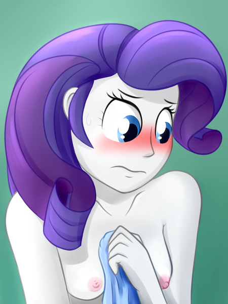 Size: 3000x4000 | Tagged: questionable, artist:maximussolini, derpibooru import, rarity, human, equestria girls, blushing, breasts, clothes, embarrassed, female, nipples, nudity, partial nudity, solo, solo female, topless, towel