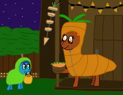 Size: 3036x2340 | Tagged: safe, artist:sb1991, derpibooru import, oc, oc:carrot root, unofficial characters only, earth pony, pony, carrot, clothes, costume, decoration, food, garden, halloween, holiday, night, nightmare night, pear, pumpkin bucket