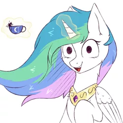 Size: 1024x1024 | Tagged: safe, artist:glazirka, derpibooru import, princess celestia, alicorn, pony, cup, female, glowing horn, good morning, horn, magic, mare, messy mane, morning ponies, open mouth, peytral, raised hoof, simple background, smiling, solo, teacup, telekinesis, white background