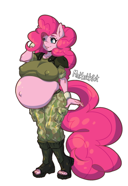 Size: 1100x1600 | Tagged: suggestive, artist:mrkashkiet, derpibooru import, pinkie pie, anthro, earth pony, plantigrade anthro, areola outline, army, belly, belly button, big belly, big breasts, breasts, camouflage, clothes, feet, female, image, marines, military uniform, outie belly button, png, preggy pie, pregnant, salute, solo, uniform