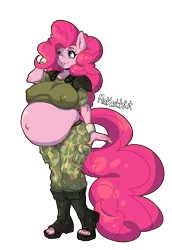 Size: 1100x1600 | Tagged: suggestive, artist:mrkashkiet, derpibooru import, pinkie pie, anthro, earth pony, plantigrade anthro, areola outline, army, belly, belly button, big belly, big breasts, breasts, camouflage, clothes, feet, female, image, marines, military uniform, outie belly button, png, preggy pie, pregnant, salute, solo, uniform