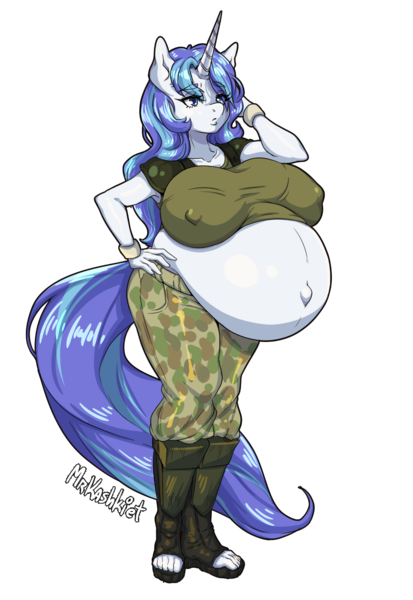 Size: 1100x1600 | Tagged: suggestive, artist:mrkashkiet, derpibooru import, shining armor, anthro, plantigrade anthro, unicorn, areola outline, army, belly, belly button, big belly, big breasts, breasts, busty gleaming shield, erect nipples, feet, female, gleaming shield, image, marines, nipple outline, outie belly button, png, pregarmor, pregnant, rule 63, salute, solo