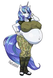 Size: 1100x1600 | Tagged: suggestive, artist:mrkashkiet, derpibooru import, shining armor, anthro, plantigrade anthro, unicorn, areola outline, army, belly, belly button, big belly, big breasts, breasts, busty gleaming shield, erect nipples, feet, female, gleaming shield, image, marines, nipple outline, outie belly button, png, pregarmor, pregnant, rule 63, salute, solo