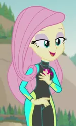 Size: 614x1022 | Tagged: safe, derpibooru import, screencap, fluttershy, aww... baby turtles, equestria girls, equestria girls series, beach, beach babe, beautiful, clothes, cropped, cute, female, geode of fauna, lidded eyes, magical geodes, open mouth, shyabetes, smiling, solo, swimsuit, wetsuit