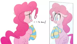 Size: 1810x1032 | Tagged: safe, artist:hattsy, derpibooru import, pinkie pie, earth pony, pony, bipedal, clothes, cute, dialogue, diapinkes, female, mare, mirror, no pupils, open mouth, smiling, socks, solo, striped socks