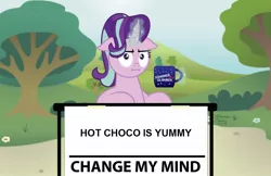 Size: 1024x662 | Tagged: change my mind, chocolate, derpibooru import, edit, food, hot chocolate, :i, i mean i see, safe, solo, starlight glimmer, truth