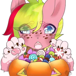 Size: 300x300 | Tagged: safe, artist:hatterbunny, derpibooru import, oc, oc:sugar berry, diamond dog, hybrid, pony, beans, candy, commission, cute, female, food, freckles, halloween, holiday, lollipop, mare, markings, paws, pumpkin, pumpkin bucket, simple background, solo, transparent background, underpaw, ych result