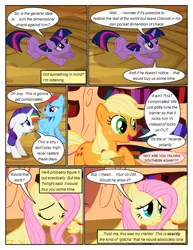 Size: 612x792 | Tagged: safe, artist:newbiespud, derpibooru import, edit, edited screencap, screencap, applejack, fluttershy, rainbow dash, rarity, twilight sparkle, earth pony, pegasus, pony, unicorn, comic:friendship is dragons, book, bookshelf, comic, dialogue, eyes closed, female, freckles, frown, golden oaks library, hat, implied pinkie pie, looking up, mare, raised hoof, screencap comic, smiling, unicorn twilight