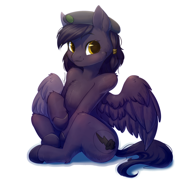 Size: 1900x1900 | Tagged: safe, artist:peachmayflower, derpibooru import, edit, oc, oc:mir, unofficial characters only, pegasus, pony, fallout equestria, beret, commission, cropped, dashite, female, hat, human shoulders, looking at you, mare, simple background, sitting, sticker, transparent background, white outline