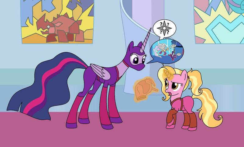 Size: 1149x695 | Tagged: safe, artist:author92, derpibooru import, luster dawn, princess celestia, princess twilight 2.0, twilight sparkle, twilight sparkle (alicorn), alicorn, pony, unicorn, the last problem, alternate costumes, brightly colored ninjas, canterlot, canterlot castle, canterlot throne room, flowing tail, folded wings, kunoichi, magic, magic glow, mask, ninja, older, older twilight, pictogram, speech bubble, stained glass, surprised, telekinesis, twilight's canterlot home, wings