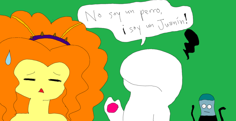 Size: 2730x1400 | Tagged: safe, artist:discipleofandrewryan, derpibooru import, adagio dazzle, human, equestria girls, rainbow rocks, 1000 hours in ms paint, 31 minutos, annoyed, crossover, crude drawing, green background, juanín, juanín juan harry, ms paint, poofy hair, simple background, spanish, stylistic suck, sweat, sweatdrop, tramoya, white fur