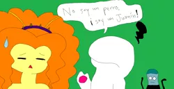 Size: 2730x1400 | Tagged: safe, artist:discipleofandrewryan, derpibooru import, adagio dazzle, human, equestria girls, rainbow rocks, 1000 hours in ms paint, 31 minutos, annoyed, crossover, crude drawing, green background, juanín, juanín juan harry, ms paint, poofy hair, simple background, spanish, stylistic suck, sweat, sweatdrop, tramoya, white fur