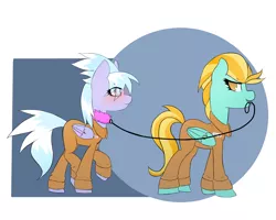 Size: 5000x4000 | Tagged: safe, artist:neekophobia, derpibooru import, cloudchaser, lightning dust, pegasus, pony, blushing, clothes, collar, eye clipping through hair, female, leash, lesbian, lightningchaser, mare, mouth hold, no pupils, pet play, prison outfit, shipping