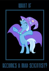 Size: 707x1031 | Tagged: safe, artist:mega-poneo, derpibooru import, trixie, pony, unicorn, bipedal, black background, cape, clothes, eyes closed, female, happy, hat, mad scientist, mare, meme, simple background, solo, trixie's cape, trixie's hat