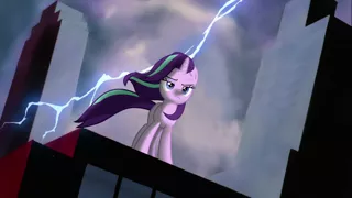 Size: 1200x675 | Tagged: artist needed, safe, derpibooru import, edit, starlight glimmer, pony, unicorn, the ending of the end, badass, batman the animated series, female, lightning, mare, skyscraper, solo, starlight glimmer in places she shouldn't be, windswept mane