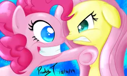 Size: 2500x1500 | Tagged: safe, artist:paulyt7, derpibooru import, fluttershy, pinkie pie, earth pony, pegasus, pony, smile hd, angry, boop, colored pupils, crazy face, faic, female, gritted teeth, happy, mare, noseboop, underhoof