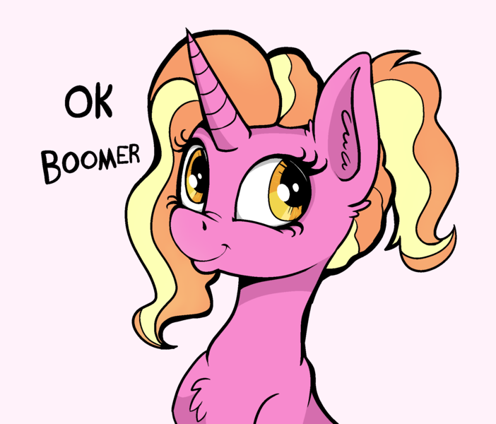 Size: 1885x1610 | Tagged: safe, artist:paskanaakka, derpibooru import, luster dawn, pony, unicorn, the last problem, boomer, bust, chest fluff, ear fluff, female, mare, meme, millennial luster dawn, nose wrinkle, ok boomer, portrait, simple background, smiling, solo, text, zoomer