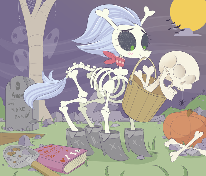 Size: 2272x1942 | Tagged: safe, artist:nignogs, derpibooru import, skellinore, oc, oc:anon, ghost, pony, skeleton pony, spider, undead, the break up breakdown, blushing, bone, book, boots, bucket, clothes, cloud, cute, grave, grave digging, grave robber, grave robbing, gravestone, graveyard, implied anon, implied shipping, moon, necromancy, pumpkin, reversed gender roles equestria, shoes, shovel, skeleton, skellibetes, tree