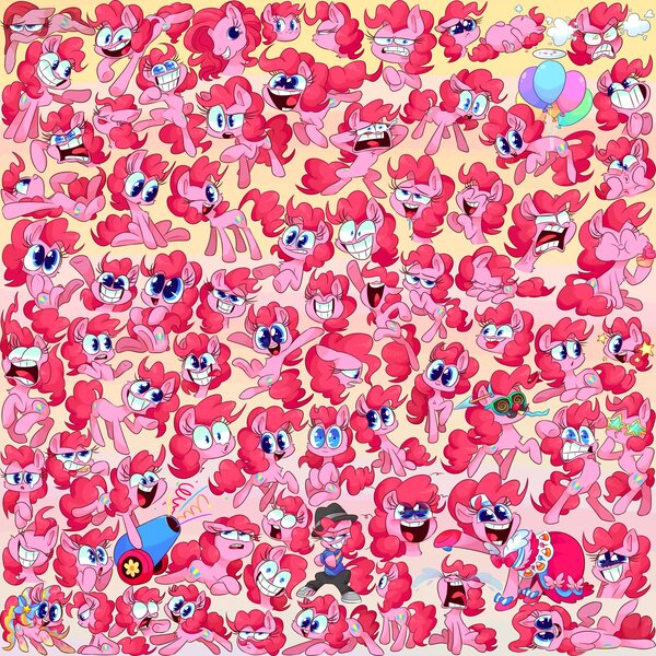 Size: 2000x2000 | Tagged: safe, artist:vdru7, derpibooru import, pinkie pie, earth pony, pony, smile hd, angry, balloon, candy, clothes, crying, cupcake, cute, diapinkes, dress, eating, expressions, faic, female, floating, food, gala dress, glasses, grin, happy, lollipop, looking at you, mare, multeity, open mouth, party cannon, ponk, rainbow power, rapper pie, sleeping, smiling, stuffed, teary eyes, then watch her balloons lift her up to the sky, tongue out, too much pink energy is dangerous