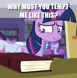 Size: 704x710 | Tagged: alicorn, bag, book, bookshelf, caption, cropped, derpibooru import, edit, edited screencap, eyes on the prize, image macro, library, saddle bag, safe, screencap, scrunchy face, temptation, text, that pony sure does love books, the point of no return, twilight sparkle, twilight sparkle (alicorn)