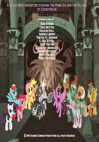 Size: 1000x1432 | Tagged: safe, artist:jerryakiraclassics19, artist:jhayarr23, derpibooru import, applejack, flash magnus, fluttershy, meadowbrook, mistmane, pinkie pie, rainbow dash, rarity, rockhoof, somnambula, star swirl the bearded, twilight sparkle, twilight sparkle (alicorn), alicorn, pony, shadow play, big crown thingy, element of generosity, element of honesty, element of kindness, element of laughter, element of loyalty, element of magic, elements of harmony, female, jewelry, male, mane six, mistmane's flower, netitus, pillars of equestria, poster, regalia, shield