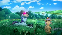 Size: 1192x671 | Tagged: safe, artist:icychamber, derpibooru import, rainbow dash, scootaloo, butterfly, pegasus, pony, duo, field, grass, grass field, scenery, sky, water