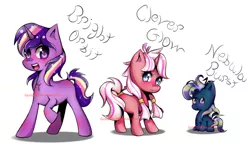 Size: 1300x768 | Tagged: safe, artist:gardianripu, derpibooru import, oc, oc:bright orbit, oc:clever glow, oc:nebula burst, unofficial characters only, pony, unicorn, chest fluff, cute, offspring, open mouth, parent:star tracker, parent:twilight sparkle, parents:twitracker, simple background, white background