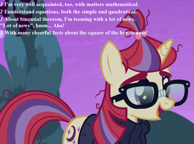 Size: 972x720 | Tagged: safe, derpibooru import, edit, edited screencap, screencap, moondancer, pony, unicorn, amending fences, clothes, cropped, cute, dancerbetes, female, gilbert and sullivan, glasses, lyrics, mare, modern major general, song reference, sweater, text, the pirates of penzance