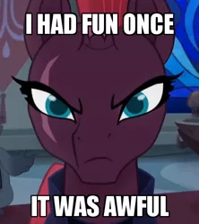 Size: 400x450 | Tagged: broken horn, caption, cropped, derpibooru import, edit, edited screencap, grubber, grumpy cat, horn, i had fun once and it was awful, image macro, looking at you, my little pony: the movie, safe, scar, screencap, solo focus, tempest shadow, text