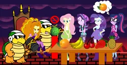 Size: 2776x1416 | Tagged: safe, artist:aqua-pony, artist:mit-boy, artist:randincy, artist:sketchmcreations, artist:vg805smashbros, derpibooru import, adagio dazzle, fluttershy, rarity, sci-twi, starlight glimmer, twilight sparkle, human, equestria girls, backpack, bandana, barely eqg related, cherry, crossover, food, fruit, fruits, glasses, mario party, mario party 4, melon, minigame, nintendo, orange, pineapple, shady sledge bro, strawberry, sunglasses, super mario bros., thumbs down