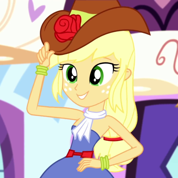 Size: 1080x1080 | Tagged: safe, derpibooru import, screencap, applejack, eqg summertime shorts, equestria girls, make up shake up, bare shoulders, clothes, cropped, dress, fall formal outfits, female, sleeveless, solo, strapless