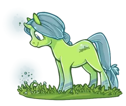 Size: 520x438 | Tagged: safe, artist:arafel, derpibooru import, oc, pony, unicorn, dew, grass, simple background, smiling, solo