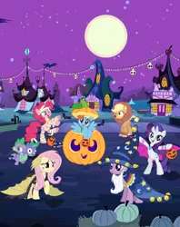 Size: 1080x1367 | Tagged: safe, derpibooru import, official, applejack, fluttershy, pinkie pie, rainbow dash, rarity, spike, twilight sparkle, dragon, earth pony, pegasus, pony, unicorn, vampire, animal costume, applelion, bipedal, candy, clothes, costume, fangs, floppy ears, flutterbat costume, food, halloween, holiday, jack-o-lantern, mane seven, mane six, moon, multiple heads, mummy, night, nightmare night, nightmare night costume, pumpkin, pumpkin bucket, star swirl the bearded costume, tongue out, two heads, two-headed dragon