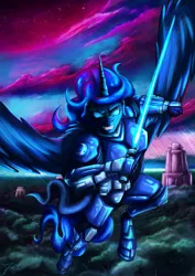 Size: 1237x1750 | Tagged: alicorn, anthro, armor, artist:jamescorck, crossover, derpibooru import, disney, female, jedi knight, jumping, lightsaber, looking at you, nightmare moon, planet, princess luna, safe, solo, space, star wars, unguligrade anthro, weapon