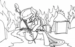 Size: 1280x809 | Tagged: safe, artist:ewoudcponies, derpibooru import, octavia melody, earth pony, pony, burning, cello, fire, ink drawing, monochrome, musical instrument, solo, traditional art