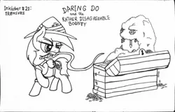 Size: 1280x819 | Tagged: safe, artist:ewoudcponies, derpibooru import, daring do, mimic, pegasus, pony, ink drawing, inktober, inktober 2019, monochrome, mouth hold, traditional art, treasure chest, whip
