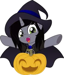 Size: 5000x5865 | Tagged: safe, artist:jhayarr23, derpibooru import, ponified, ponified:kellin quinn, pony, unicorn, bust, cape, clothes, commission, disguise, disguised siren, fangs, hair over one eye, halloween, happy, hat, holiday, horn, jack-o-lantern, jewelry, looking at you, male, movie accurate, necklace, open mouth, pumpkin, shirt, simple background, sleeping with sirens, slit eyes, solo, stallion, t-shirt, transparent background, underhoof, vector, witch hat, ych result