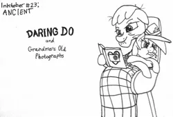 Size: 1280x871 | Tagged: safe, artist:ewoudcponies, derpibooru import, daring do, oc, pegasus, pony, angry, blanket, cute, elderly, female, filly, grandmother, ink drawing, inktober, inktober 2019, monochrome, photo album, puffy cheeks, raspberry, sitting on lap, squirming, tongue out, traditional art