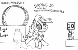 Size: 1280x830 | Tagged: safe, artist:ewoudcponies, derpibooru import, daring do, human, pegasus, pony, batman, dizzy, ink drawing, inktober, inktober 2019, monochrome, roller coaster, score card, swirly eyes, traditional art