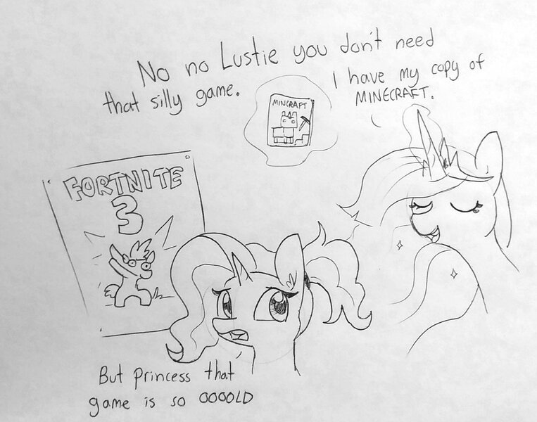 Size: 1684x1325 | Tagged: safe, artist:tjpones, derpibooru import, luster dawn, princess twilight 2.0, twilight sparkle, twilight sparkle (alicorn), alicorn, pony, unicorn, the last problem, dab, dialogue, duo, female, fortnite, lustie, magic, mare, millennial luster dawn, minecraft, paper, poster, simple background, telekinesis, traditional art, white background, zoomer