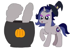 Size: 3264x2448 | Tagged: safe, artist:supahdonarudo, derpibooru import, part of a set, oc, oc:moonlit silver, unofficial characters only, pony, unicorn, cauldron, halloween, hat, holiday, pumpkin, simple background, smoke, transparent background, witch hat