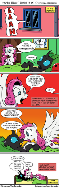 Size: 975x3085 | Tagged: safe, artist:pony-berserker, derpibooru import, diamond rose, fancypants, oc, oc:berzie, changeling, pegasus, pony, comic:paper heart, bed, boop, comic, excited, female, male, mare, not amused face, not rarity, screaming, speech bubble, spread wings, that escalated quickly, window, wingboner, wings