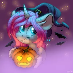 Size: 1600x1600 | Tagged: safe, artist:lilacclime, derpibooru import, oc, oc:tarot, unofficial characters only, bat, pony, unicorn, blue eyes, clothes, commission, female, glowing eyes, halloween, hat, holiday, long ears, mare, night, pink hair, pumpkin, smiling, solo, stars, unshorn fetlocks, witch, witch hat, ych result