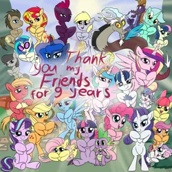 Size: 6000x6000 | Tagged: safe, artist:littlenaughtypony, derpibooru import, apple bloom, applejack, big macintosh, bon bon, derpy hooves, discord, doctor whooves, fluttershy, lyra heartstrings, octavia melody, pinkie pie, princess cadance, princess celestia, princess flurry heart, princess luna, rainbow dash, rarity, scootaloo, shining armor, spike, starlight glimmer, steven magnet, sunset shimmer, sweetie belle, sweetie drops, tempest shadow, time turner, twilight sparkle, vinyl scratch, alicorn, draconequus, dragon, earth pony, pegasus, pony, unicorn, adorabon, broken horn, cute, cutedance, cutie mark crusaders, daaaaaaaaaaaw, discute, doctorbetes, female, filly, flurrybetes, heart, horn, looking at you, lyrabetes, macabetes, magnetbetes, male, mare, mlp fim's ninth anniversary, open mouth, rope, shining adorable, stallion, tavibetes, tempestbetes, vinylbetes