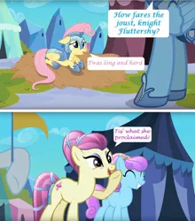 Size: 1920x2180 | Tagged: crystal empire, crystal pony, derpibooru import, dialogue, edit, edited screencap, editor:leonidus, flag, fleur de verre, fluttershy, funny, hay, hoof shoes, jousting, jousting lance, jousting outfit, laughing, pegasus, rainbow dash, safe, screencap, speech bubble, tent, text, that's what she said, the crystal empire, ye olde english