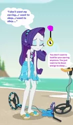 Size: 347x595 | Tagged: safe, derpibooru import, edit, edited screencap, editor:thomasfan45, screencap, rarity, equestria girls, equestria girls series, lost and found, 1000 hours in ms paint, bikini, clothes, cropped, ear piercing, earring, eyes closed, feet, female, geode of shielding, headphones, hypnosis, hypnotized, implied twilight sparkle, jewelry, levitation, magic, magic aura, magical geodes, metal detector, offscreen character, pendulum swing, piercing, pocket watch, sandals, sarong, sleeping, slouching, smiling, solo, speech bubble, story included, swimsuit, telekinesis, thought bubble