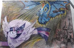 Size: 900x589 | Tagged: safe, artist:moonrises, derpibooru import, grogar, twilight sparkle, twilight sparkle (alicorn), alicorn, pony, sheep, body horror, eyes do not belong there, female, flying, male, mare, ram, real grogar, traditional art, twilight vs grogar, ultimate grogar, wings