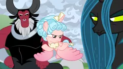 Size: 852x476 | Tagged: safe, derpibooru import, screencap, cozy glow, lord tirek, queen chrysalis, alicorn, centaur, changeling, changeling queen, pony, the ending of the end, alicornified, annoyed, bow, cozycorn, female, filly, flying, former queen chrysalis, hair bow, legion of doom, looking at someone, male, nose piercing, nose ring, piercing, race swap, smiling, trio, ultimate chrysalis