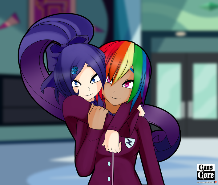 Size: 4000x3390 | Tagged: safe, artist:caoscore, derpibooru import, rainbow dash, rarity, human, equestria girls, alternate hairstyle, clothes, crystal prep academy uniform, female, hug, humanized, lesbian, looking at you, raridash, school uniform, shipping